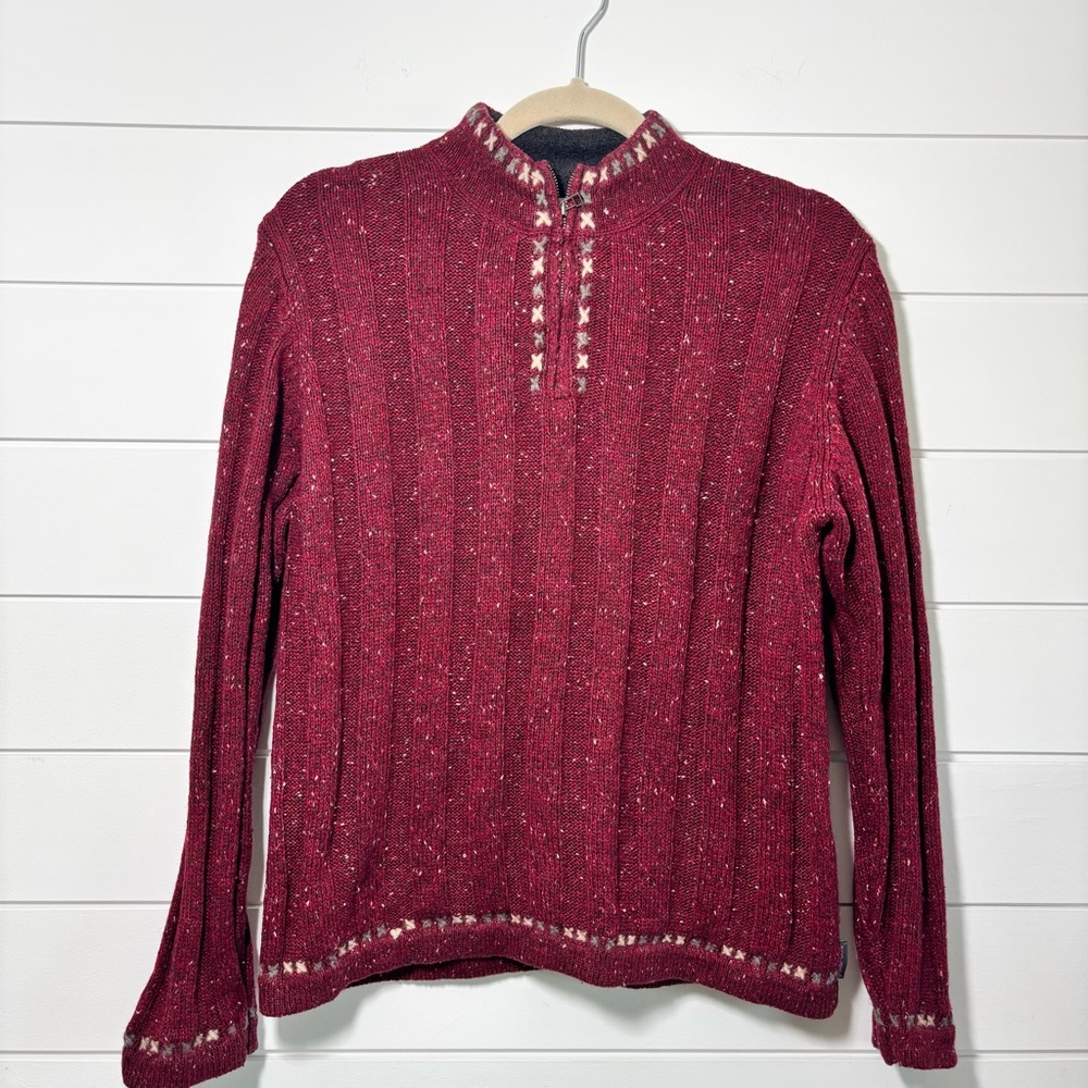 Woolrich Wool Blend Ruby Heather 1/4 Zip Mock Neck Sweater Speckled Ribbed SizeM